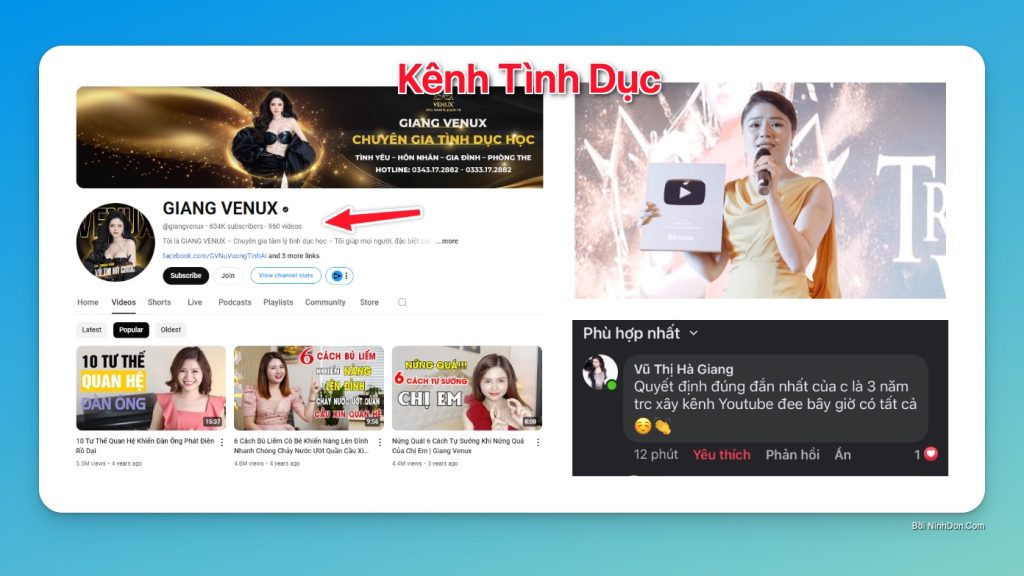 Giang Venux YouTube channel page showing growth milestones