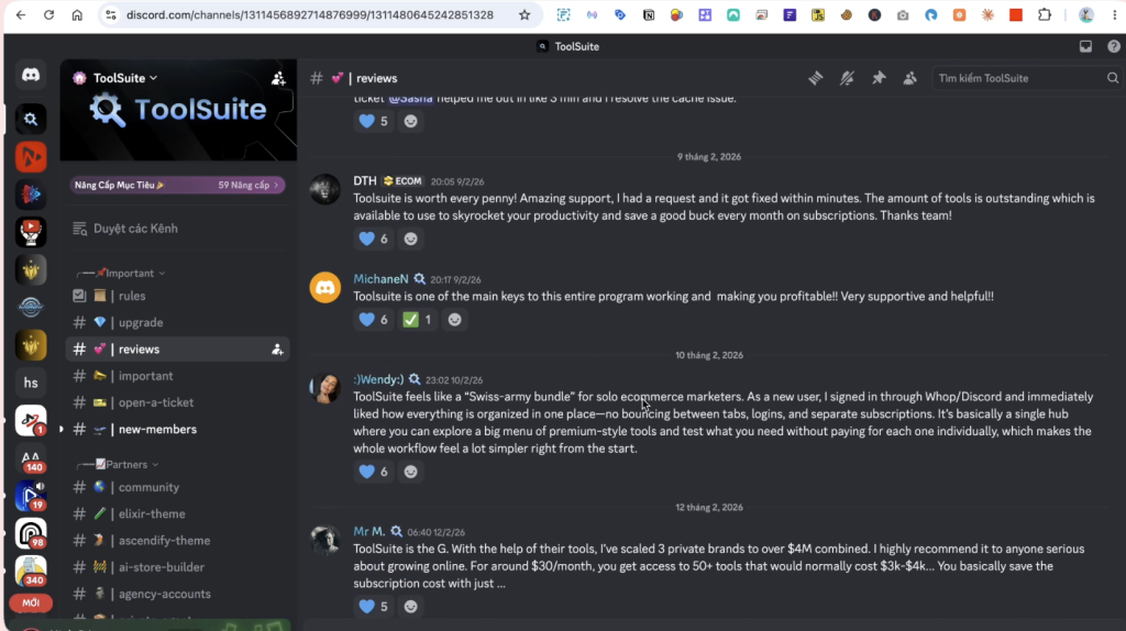 ToolSuite Discord reviews channel for AI tools and support